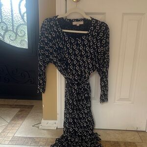 Loft Black and White Geometric Three Quarter Sleeve Dress Size L